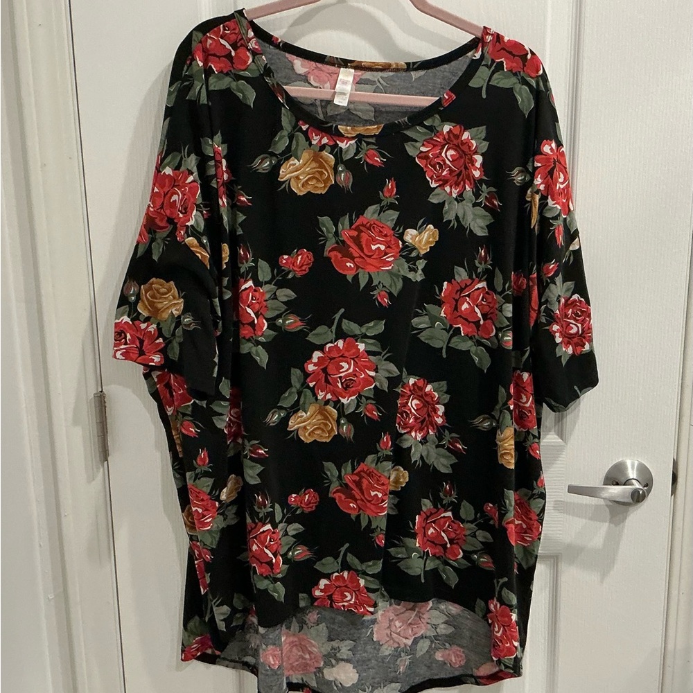 LuLaRoe Black Floral Scoop Neck Tunic with Red and Gold Roses - Picture 2 of 7